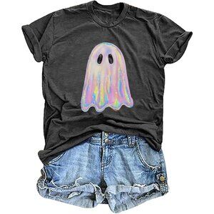 Women's Black Cotton Blend Halloween Ghost Retro Spooky Short Sleeve T Shirt